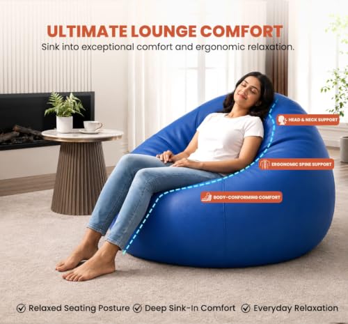 Image of Sattva Classic 2XL Bean Bag Chair with Beans Filled | Faux Leather Sofa Style Beanbags with Filled Beans | Pre-Filled Beans Bag with Beans for Adults | Large Bin Bags Sofa - Royal Blue