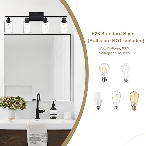 Miniatura 51 de VINLUZ Lámpara de tocador negra mate para baño, 3 luces de casa de campo, interiores, accesorios de iluminación sobre espejo con pantalla de vidrio