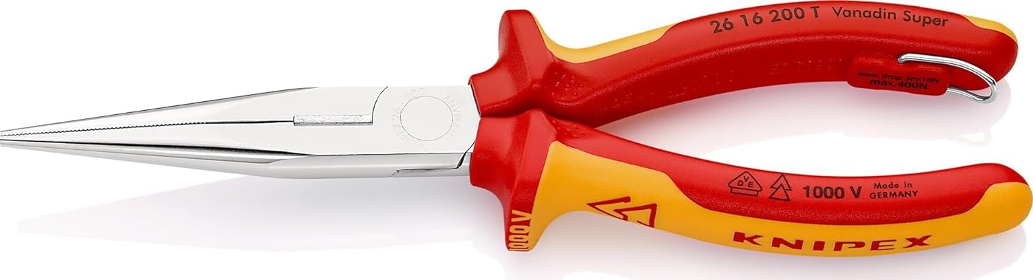 KNIPEX Pinza per meccanica - con becchi mezzotondi con tronchese (pinza a becchi di cicogna) in blister cromata isolante con manici, 26 16 200 T BK