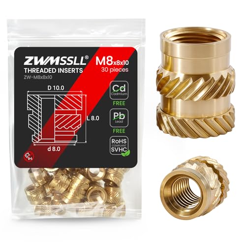 ZWMSSLL M8 Heat-Set Gewindeeinsätze, M8x8x10mm (30Pieces) Heat Set Einsatz für 3D-Druck Komponenten und Kunststoffteile, Messing metrische Knurled Muttern
