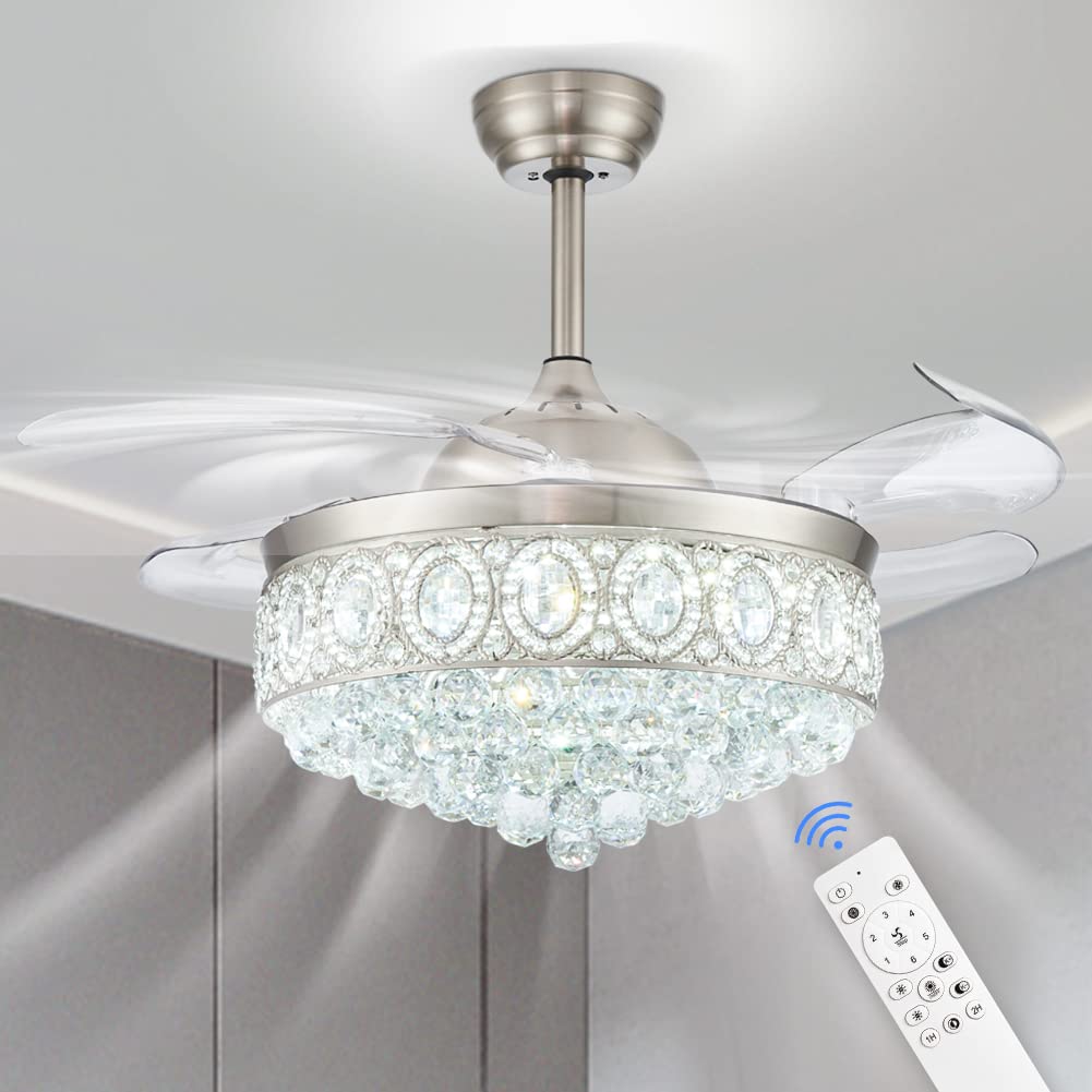 KXHQANI 42 Inch Dimmable Crystal Fandelier Ceiling Fan with Light Modern LED Chandelier Fans with Remote Control, 6 Speed, 3 Light Changeable for Bedroom Living Room Dining Room