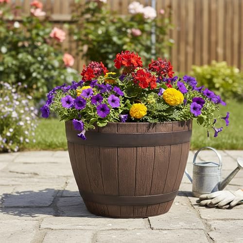 Jinfa Blumenkübel Holzfass Optik Ø36-38 cm – Pflanzkübel Kunststoff – Ideal als Miniteich & Übertopf – Wasserdicht, Frostfest, Ohne Ablaufloch