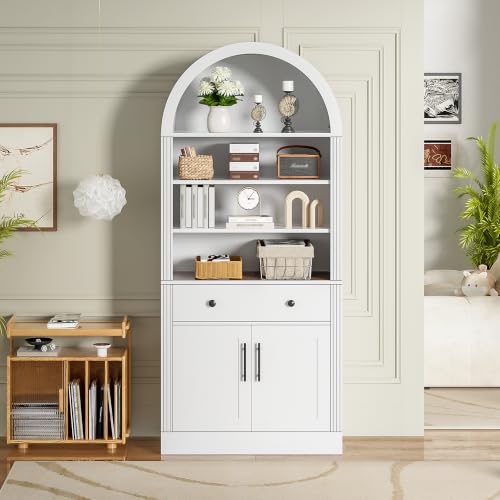 Image of Farmhouse Arched Bookshelf with Storage Cabinet (White Style3)