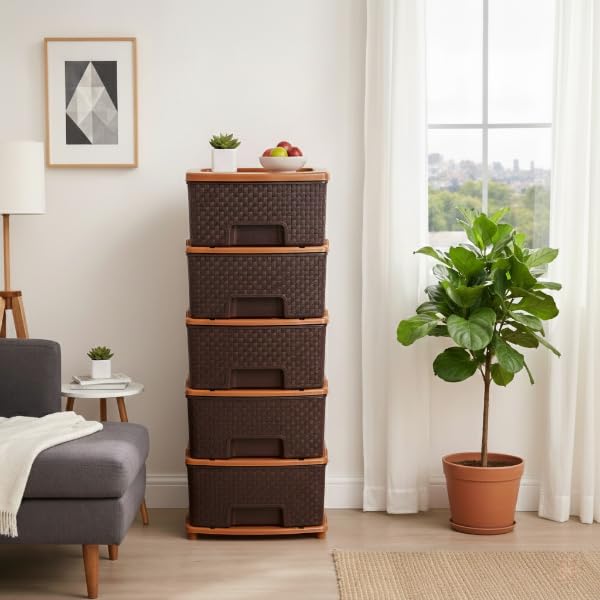 Image of Plastic Modular Drawer Storage Chest Of Drawers Organizer Storage Box, Large Stomo Racks For Multipurpose Anti-slip Shoes Organizers (Brown, 5 Layer)