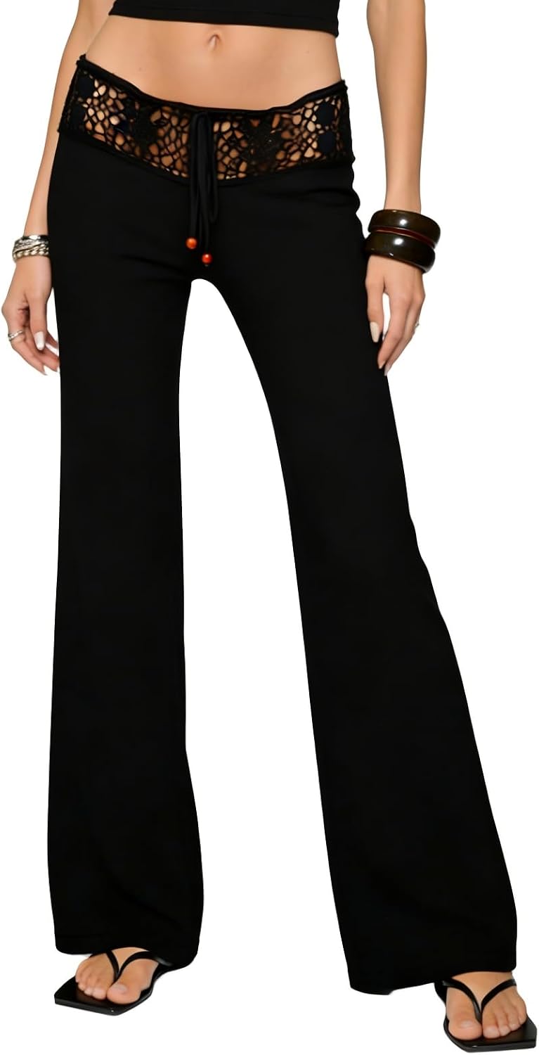 Women Summer Crochet Knit Pants Y2k Low Waist Drawstring Cover Up Pant Sexy Wide Leg Stretchy Hollow Out Beach Pants