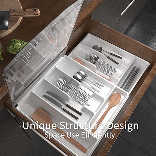 Kurberson Double Layer Silverware Tray with Lid, Drawer Organizer for Utensil Tray, Cutlery Storage Holder with Cover, White - Image 3