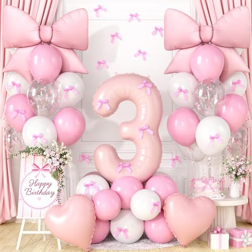 Image of 3rd Birthday Decorations for Girl,Pink 3 Balloons for Party Decorations | 3 Year Old Birthday Decoration,Anniversary Party Decor,Pink White Balloons,Bow Print Balloons,Heart Balloons
