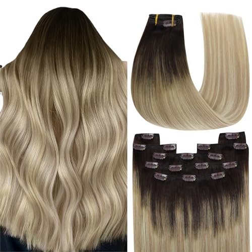 Image of YoungSee 22inch Full Head Clip in Human Hair Extensions Colored Dark Brown Fading to Dark Golden Blonde with Platinum Blonde Ombre Clip in Extensions Remy Human Hair 120g /7pcs