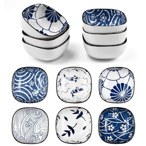 EUIEUT Set di 6 piccole ciotole in ceramica quadrate in stile giapponese, ciotole per snack da 9,2 cm, mini ciotole in ceramica blu e bianca per sushi, tapas, dessert, noci, olive e salsa di soia (9,2