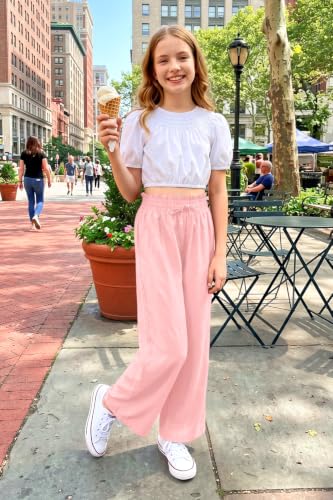 Image of Girls Summer Floral Wide Leg Pants High Waisted Flowy Dress Trousers with Pockets for School Lounge Beach 5-14 Years