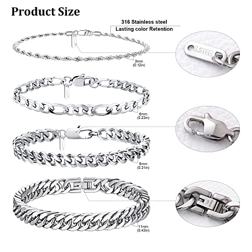Ritach Stainless Steel Cuban Chain Bracelet For Men Women Curb Width Silver Rope Figaro Cuban Chain Bracelets Set (Silver, 8) #TOP1