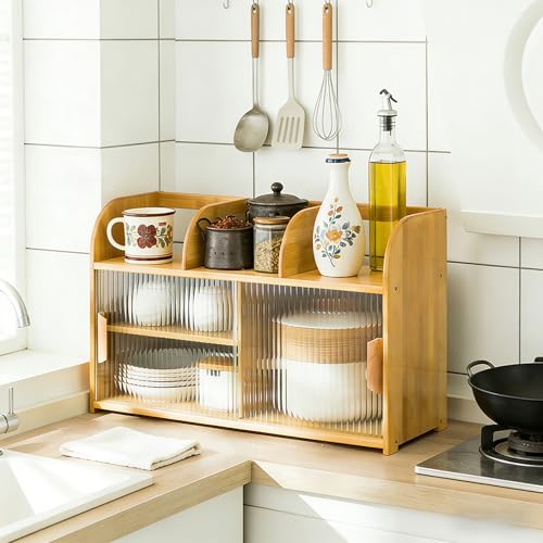 Armario de almacenamiento de cocina de bambú, 2 niveles con puertas y estantes extraíbles, panera de doble capa para despensa, sala de estar, dormitorio,