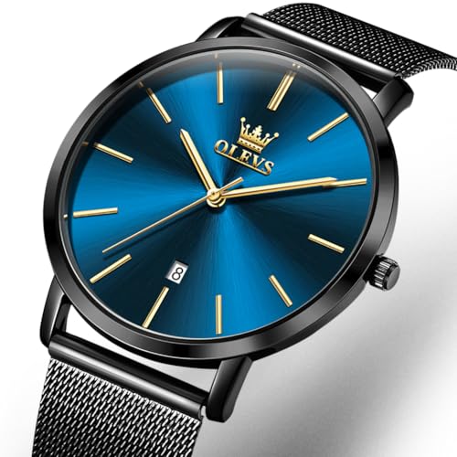 Image of OLEVS Men Leather Watches Black Ultra Thin 6.5mm Minimalist Dress Fashion Simple Casual Waterproof Date Watch for Men