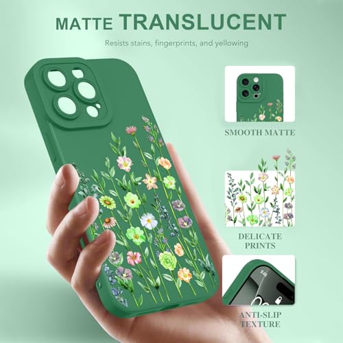 Image of Designed for iPhone 16 Pro Max Case Flower for Women Girls, Green | Cute Floral Pattern Liquid Silicone Phone Case [Full Camera Protection] Slim Soft TPU Protective Cover