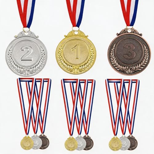 Sigenert 12PCS 1st 2nd 3rd Place Award Medals Set, Gold Silver Bronze Zinc Alloy Medals with Neck Ribbons for Sports Events, School Contests, Talent Shows and Parties