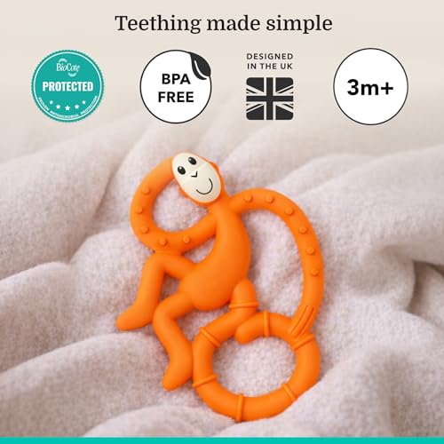 Image of Matchstick Monkey Infant, Antimicrobial Silicone Teether, Easy to Grip, Bpa Free, 3 Months Old+, 10 Cm, Easy to Hold & Naturally Fits in Mouth, Stimulates and Massages Sore Gums, Orange Mini Monkey