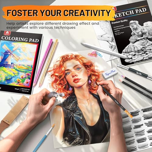 106 PCS Art Supplies Sketching Kit, Pro Drawing Pencils with 3-Color Sketchbook, Coloring - image 7
