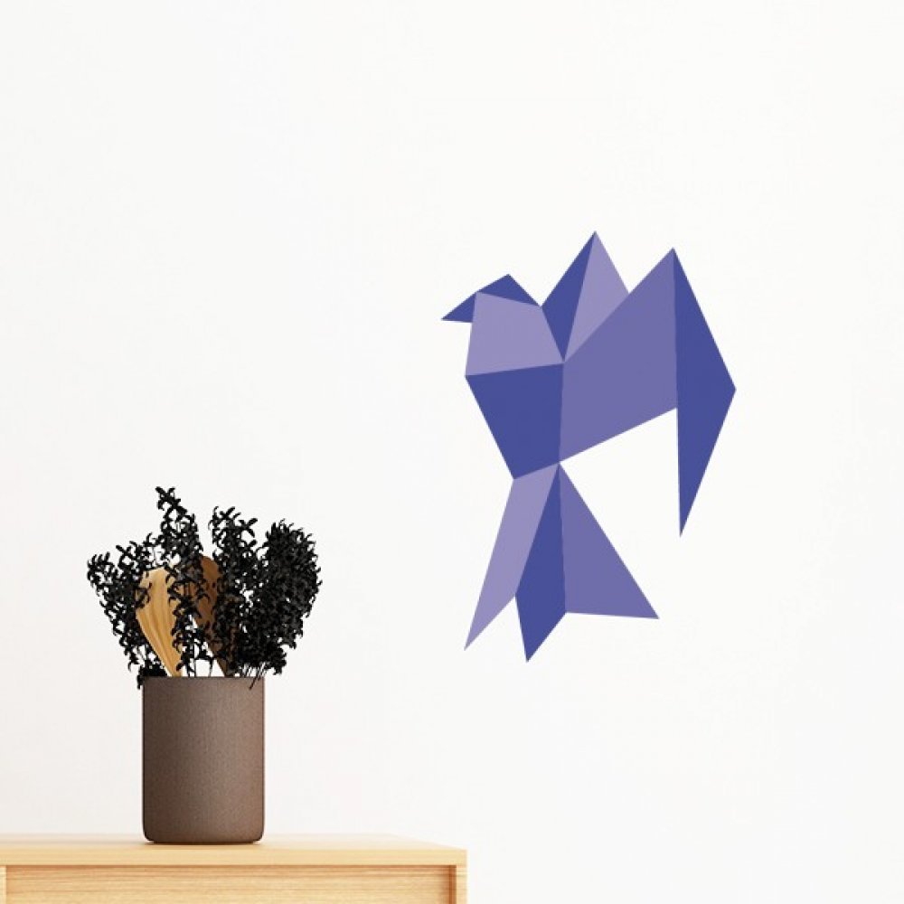 Autocollant mural origami violet sticker pigeon papier peint DIY
