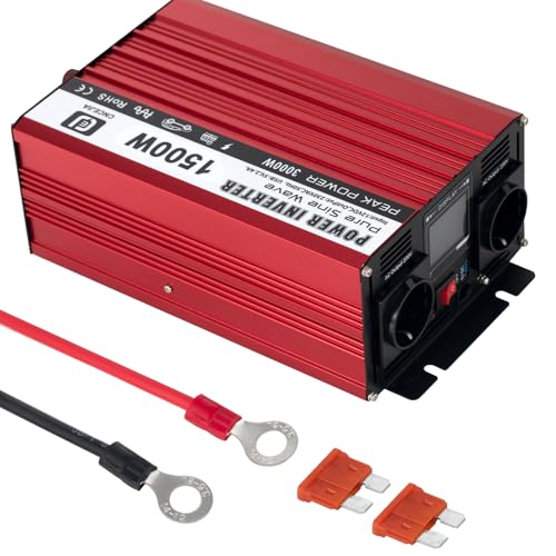 Power Inverter 1500W Onda Sinusoidale Pura Convertitore di Tensione DC 12V a AC 230V con Porta USB & LCD Display per Casa Auto Camion Rosso