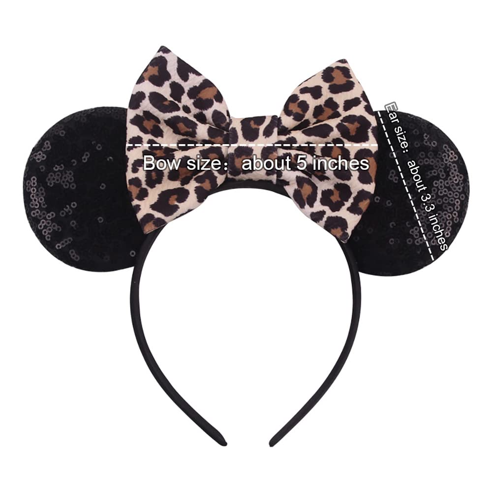 Foeran Mouse Ears Headbands Shiny Bows Mouse Ears Glitter Party Princess Decoration Cosplay Costume for Girls Women (Leopard print-1)