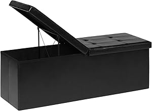 Bonlife Extra Large Folding Ottoman Storage Box,Faux Leather Toy Storage Chest,Window Seat with Storage Trunk,End of Bed Bench,Black 110x38x38cm