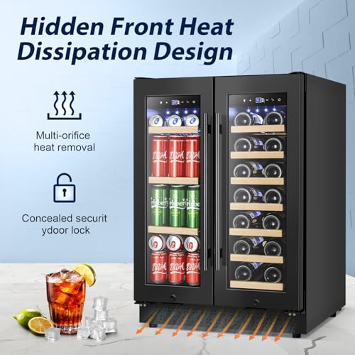Image of Tylza 24 Inch Wine and Beverage Refrigerator, Dual Zone Wine Beverage Cooler 24 inch with French Door, Under Counter Wine Beer Fridge Built-In or Freestanding, Holds 20 Bottles and 88 Cans, Black