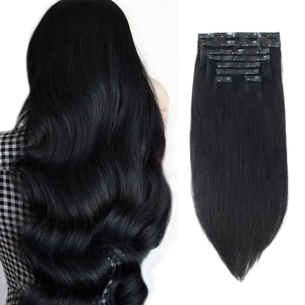 Clip In Hair Extensions Human Hair Jet Black Hair Extensions 16 Inch 100 Remy Human Hair Extensions Silky Straight Grade 9A Extensions for Thick Hair
