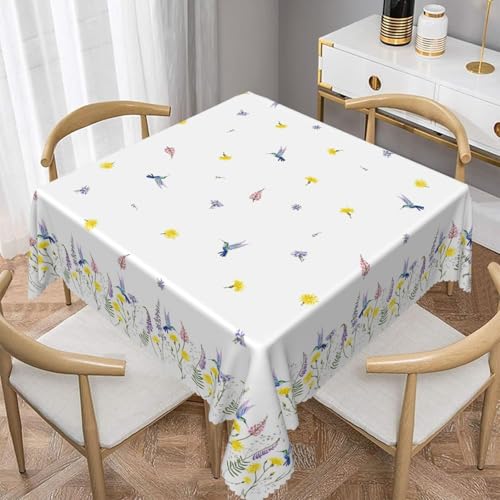 TTQYFNM 70x70inches Spring Summer Floral Square Tablecloth Wild Flower Birds Botanical Plants Decorative Table Cloth Waterproof and Stain Resistant Table Cover for Kitchen Dining Room Patio Home Decor