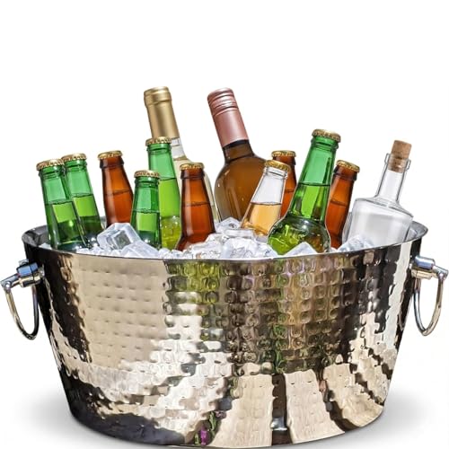 Khen Hammered Stainless Steel Drink Tub & Ice Bucket, 14.5" Silver Anchored Metal Round Beverage Cooler Double Hinged Handles Bottles, Wine, Champagne Beer Holder 13 Quarts, Indoor & Outdoor