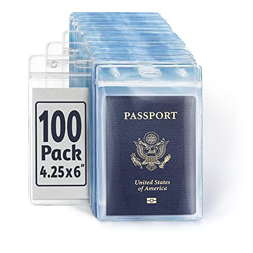 EcoEarth Passport & Vaccine Card Holders (Clear, 100 Pack), Extra Large (XXL) Vertical ID Holder, Resealable and Waterproof Identification Name Card Holder