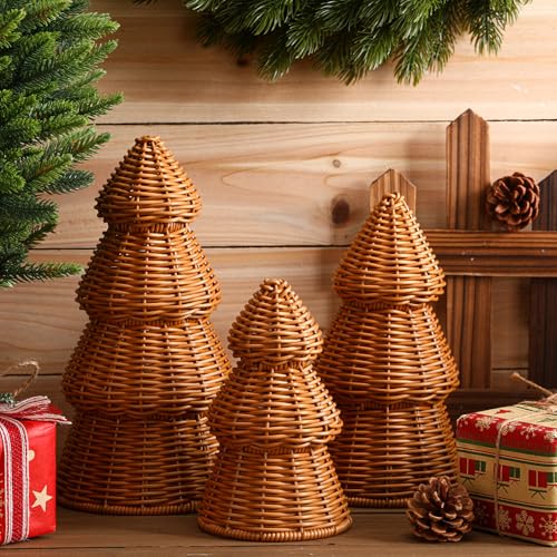 Bucherry 3 Pcs Rattan Christmas Tree Decor Rustic Christmas Tabletop Decor Woven Small Xmas Tree Figurine Statue Set for Farmhouse Table Centerpiece in Living or Dining Room