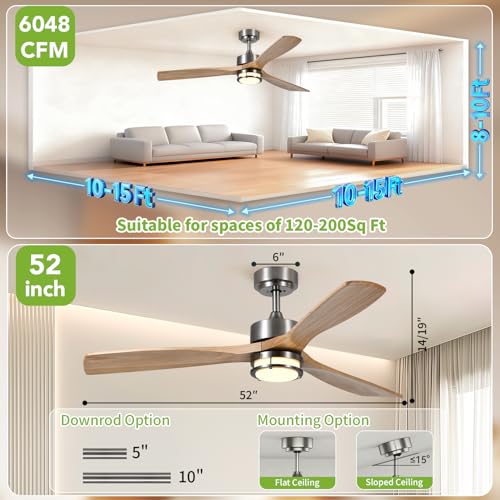Image of 52 Inch Ceiling Fans with Lights and Remote Control, 3 Blade Ceiling Fan with Light for Bedroom Living Room Indoor Outdoor Patio, Reversible, 3CCT, Dimmable, Noiseless DC Motor, Nickel & Natural Wood