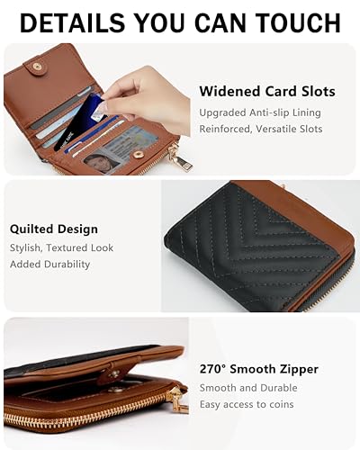 Image of Small Bifold Wallets Woman RFID Mini Wallet for Women Slim Card Holder with Zipper Coin Pocket & 2 ID Windows (Black&Brown)