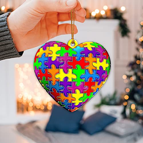 Talataca Autism Awareness Support Love Gift Asd Pattern Heart 2D Flat Car Rear View Mirror Accessories Christmas Tree Ornament Decoration Hanging Charm Interior Rearview Pendant Decor Gift #TOP4