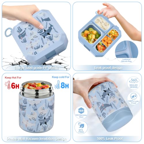 Image of wiwens Bento Lunch Box for Kids with 12oz Soup Thermo Leak-Proof Lunch Food Container with 5 Compartment Thermo Hot Food Jar and Insulated Lunch Bag for Kid Toddler Girls Boys to School