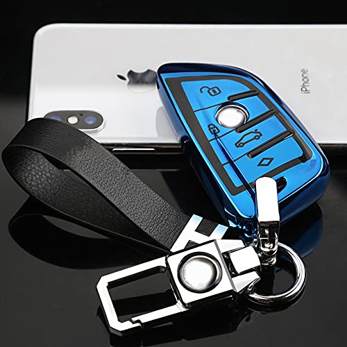 Image of QBUC for BMW Key Fob Cover with Leather Keychain, Blue | for BMW 2 5 6 7 Series X1 X2 X3 X5 X6 X7 Premium Soft TPU Key Fob Holder