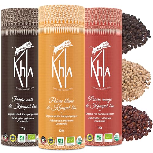 Khla - Set de 3 Pimientas de Kampot - Pimienta Negra, Blanca y Roja - 3 x 120g - Set Regalo Especias de Cocina - Pack Pimentas Gourmet - Regalo para Mujer, Hombre - Origen Camboya