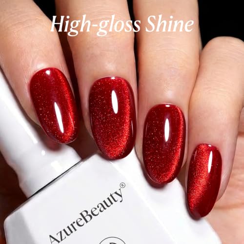 Image of AZUREBEAUTY 18ML Red Ruby Cat Eye Magnetic Gel Nail Polish | Red Glitter Gel Polish Magnetic Shimmer Effect Soak Off UV French Nail Art Design Salon DIY Manicure Gift for Women