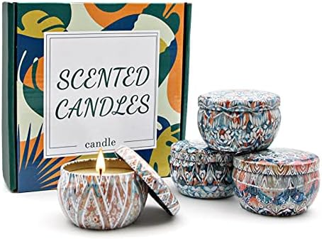 Scented Candles Set Gifts 4 Pack 3 Oz Natural Soy Wax Candles in Tin with Selected Flower and Fruit Essential Oils for Home Fragrance, Classic Lavender,sea Salt sage, Rose Lychee, Mediterranean Orange