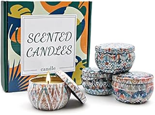 Scented Candles Set Gifts 4 Pack 3 Oz Natural Soy Wax Candles in Tin with Selected Flower and Fruit Essential Oils for Home Fragrance, Classic Lavender,sea Salt sage, Rose Lychee, Mediterranean Orange