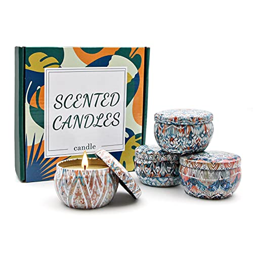 Lot de 4 bougies parfumées classiques à la lavande, au sel de mer, à la sauge, au litchi rose, à l'orange méditerranéenne, à la cire de soja naturelle Cover