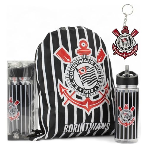 Garrafa Time Corinthians 450ml + Mochila Saco Academia Esporte + Chaveiro Corinthians Emborrachado Kit Oficial Timão Presente