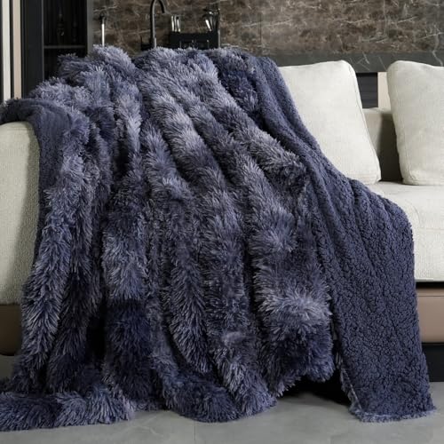 Pawque Faux Fur Sherpa Fleece Blanket Twin Size, Tie-Dye Blue, 60x80 inches