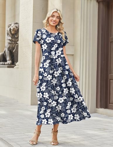 Image of Zeagoo Summer Dresses for Women 2026 Maxi Bohemian Floral Short Sleeve Long Dress Casual Flowy Tired Beach Sundress