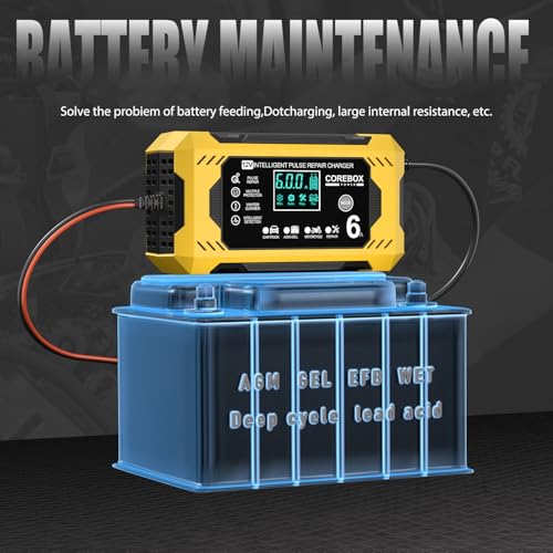 Image of Corebox Battery Charger 6-Amp 12V Automatic Smart Battery Trickle Charger, Battery Maintainer Desulfator with Temperature Compensation for Car Truck Motorcycle Lawn Mower Marine