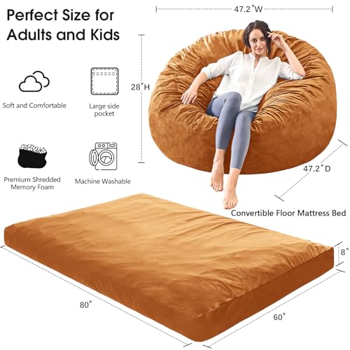 Bean Bag Chairs for Adults - Giant Bean Bag Chair Convertible Bean Bag Bed - Beanbag Chair with Micro Fiber Cover/Furniture Foam Filler - Floor Couch Sofa in Bedroom Dorm Room - Queen Golden Brown