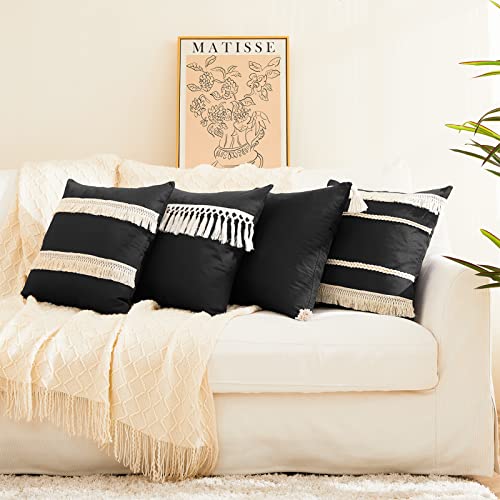 Black Farmhouse Throw Pillow Covers Set of 4 with White Tassel, 18 x 18 Inches