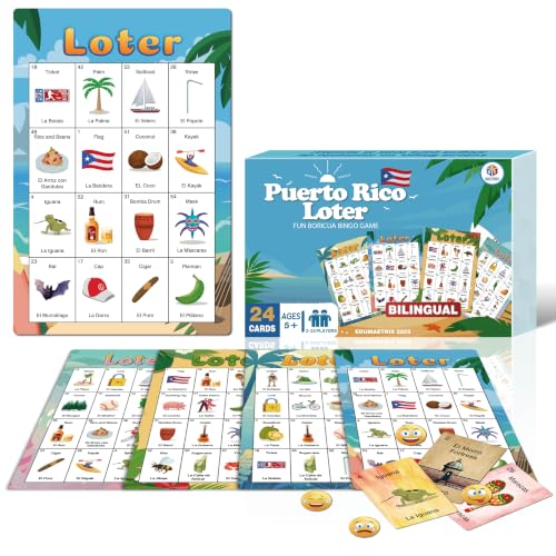 EDUMAETRIX Puerto Rico Classic Bingo Board Game, Bilingual English Spanish, 24 Game Sheets with 4 Designs, Learning Game for Classroom, Parties & Family