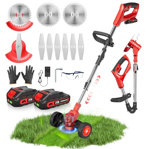 Electric Weed Wacker with Wheels Weed Eater String Trimmer with 2 x 24V Batteries and Charger Cordless Weed Eater Grass Trimmer/Edger Lawn Tool/Brush Cutter
