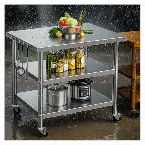 Image of Stainless Steel Table with Wheels for Food Preparation and Work, Multi-Size Optional, Three-Layer Variable Two-Layer Metal Commercial Workbench Outdoor, Restaurant, Kitchen (28 inch Lx24 Wx34 H)